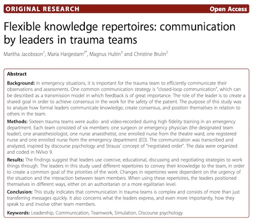 Communication by leaders in trauma teams