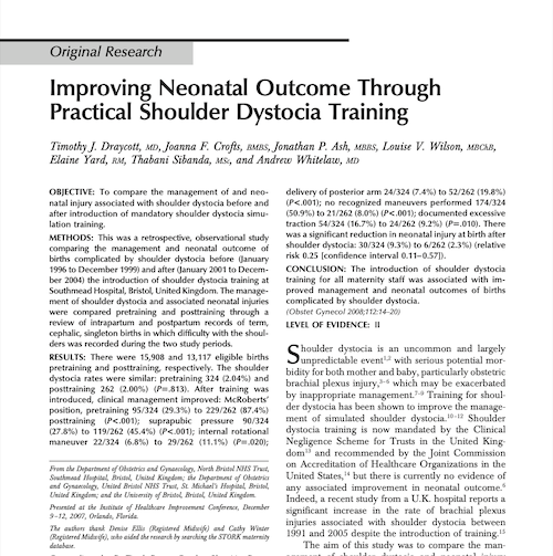 Improving neonatal outcome through practical shoulder dystocia training