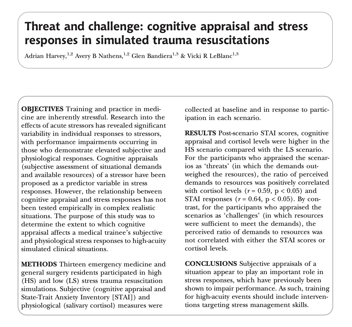 Threat and challenge: cognitive appraisal and stress